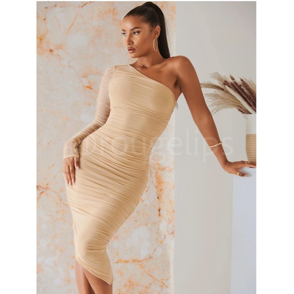 Rouge! Dresses & Skirts - Beige Mesh Ruched One Shoulder Asymmetrical Dress Long Sleeve Bodycon